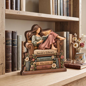Personalized Book Lover Wooden Block, Custom Name Reading Girl Desk Decor