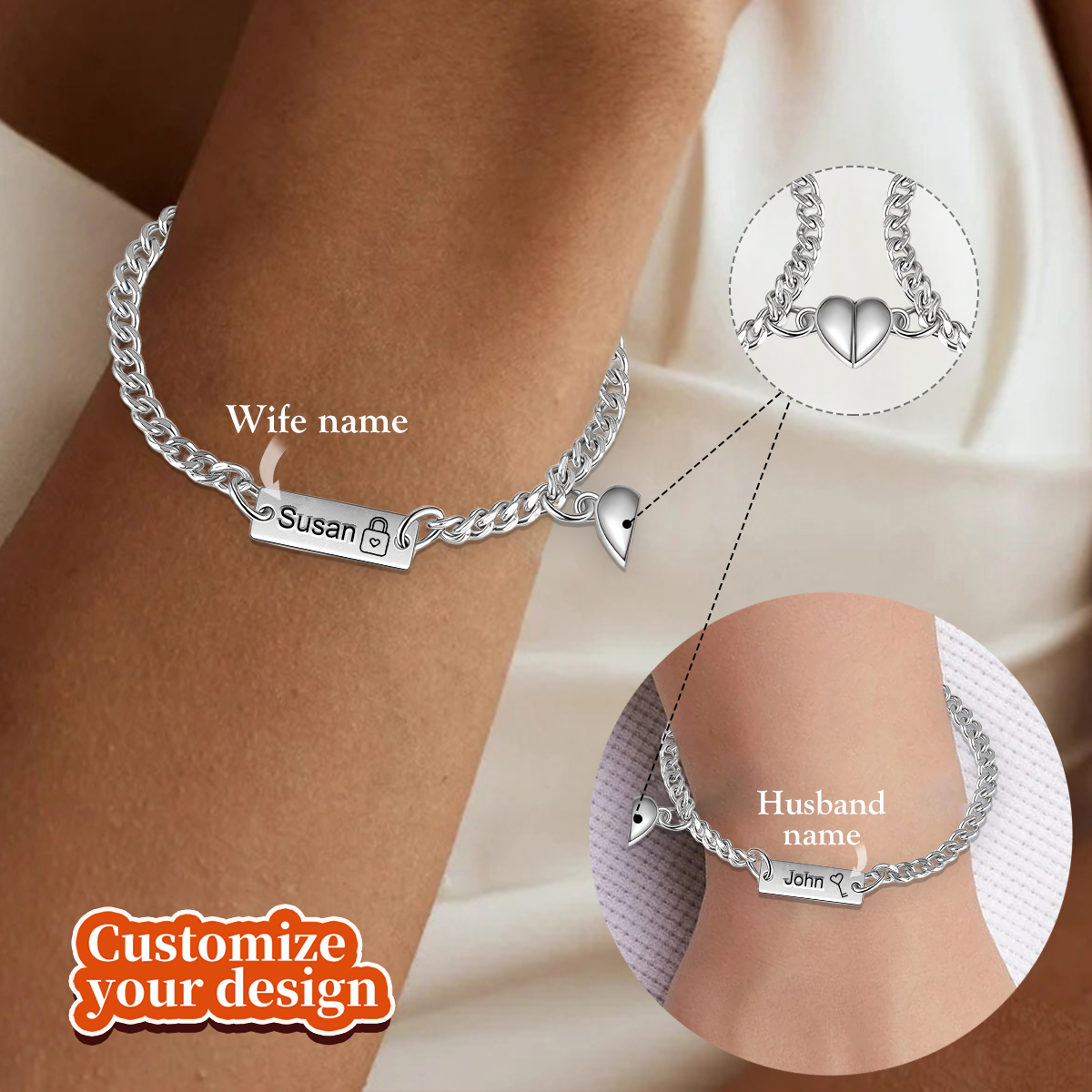 Personalized Paired Magnetic Couple Bracelets-Custom Text/Symbol Chain Bracelet