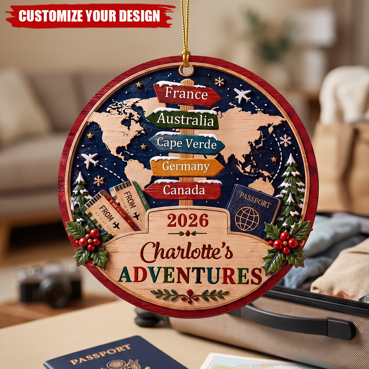Personalized Travel Adventure Wooden Christmas Ornament-Custom Names Gift