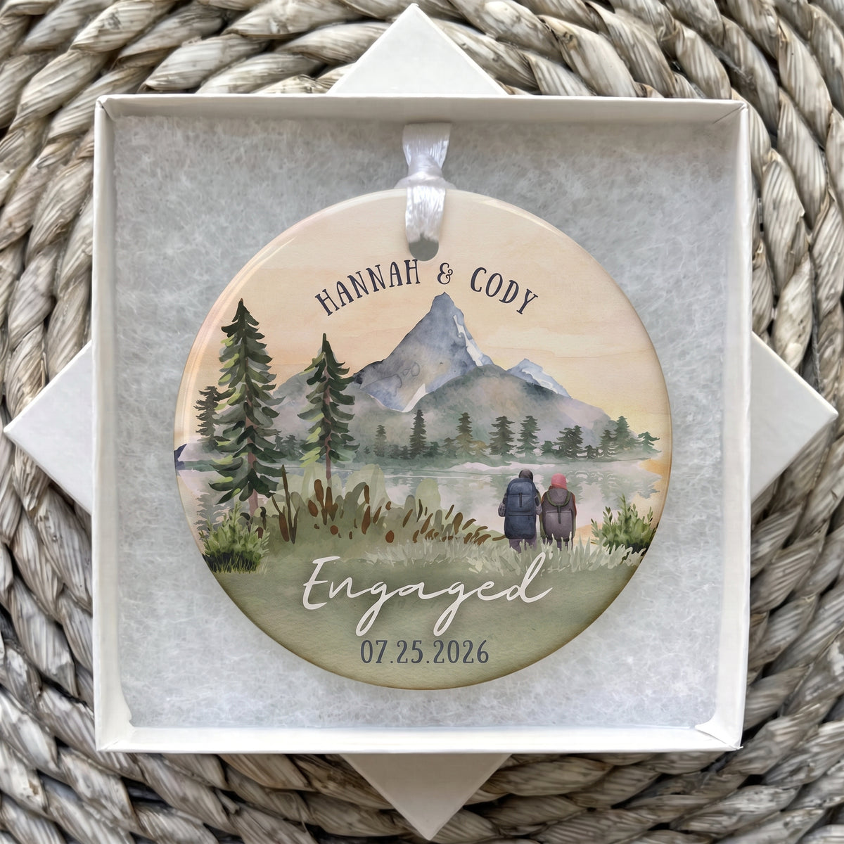 Personalized Mountain Engagement Ceramic Ornament