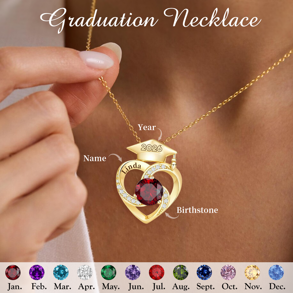 Personalized Graduation Cap Birthstone Necklace,Class of 2026