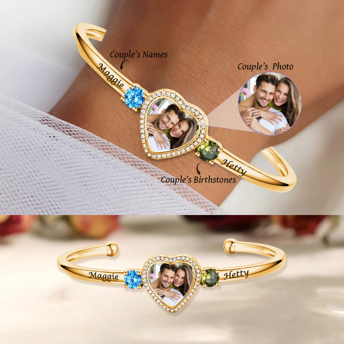 Together Forever -Personalized Couple Heart Photo Birthstone Bracelet