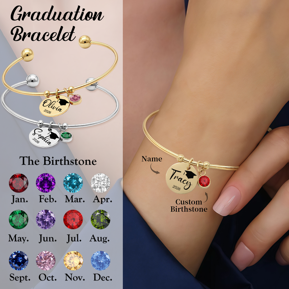 Personalized Graduation Birthstone Adjustable Bracelet, Gift for Graduates