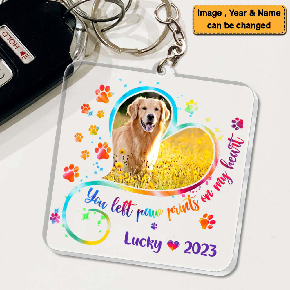 Memorial Gift Dog Photo Paw Prints On My Heart Acylic Keychain