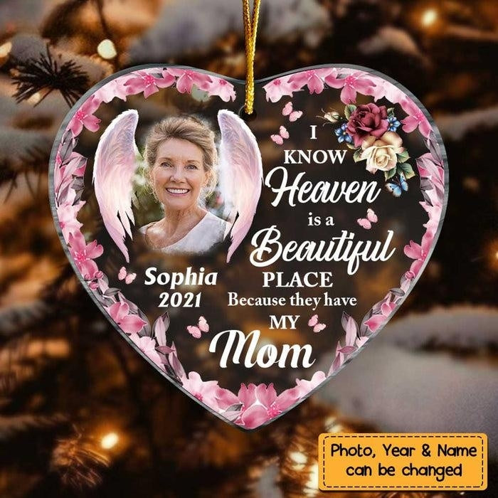 Heaven Is A Beautiful Pink Butterfly Flower Memorial Loss Of Mom Grandma Heart Personalized Ornament