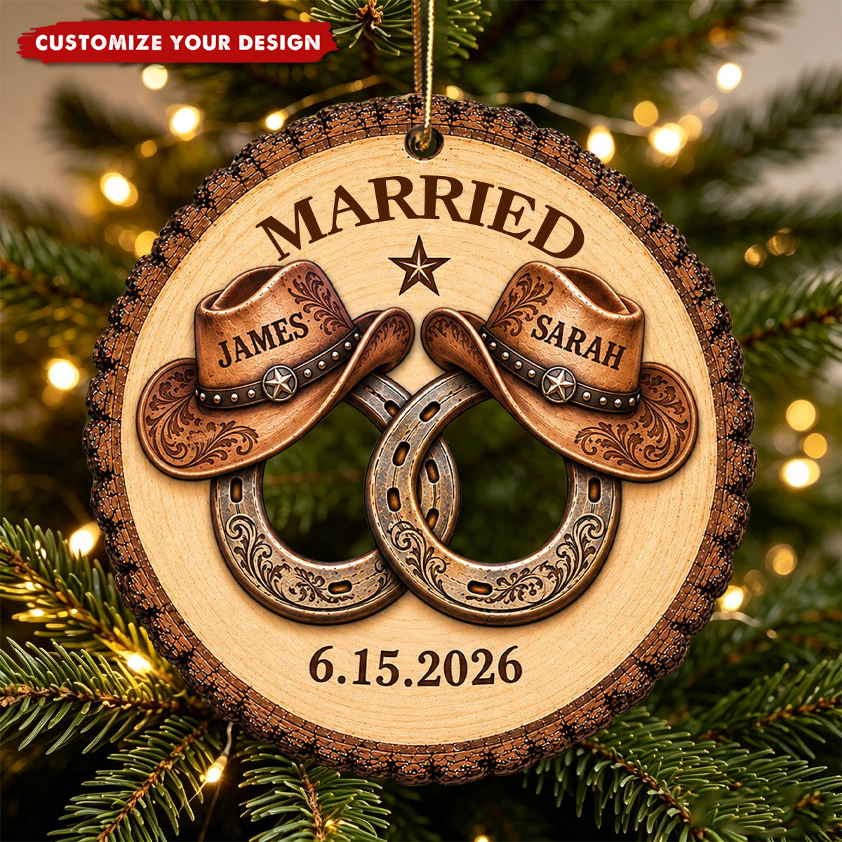 Western Cowboy Couple Ornament, Custom Names and Date