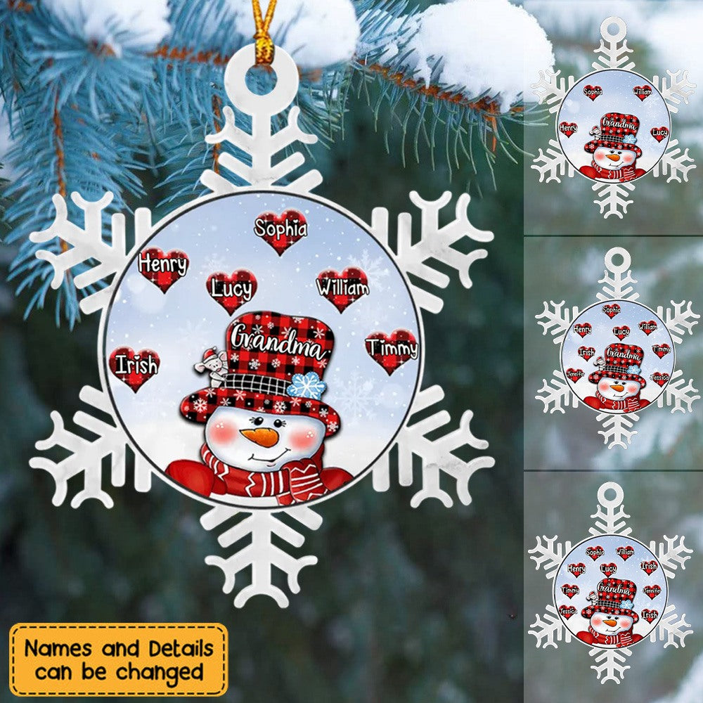 Snowman Nana With Heart Kids - Personalized Snowflake Shaped Acrylic Ornament