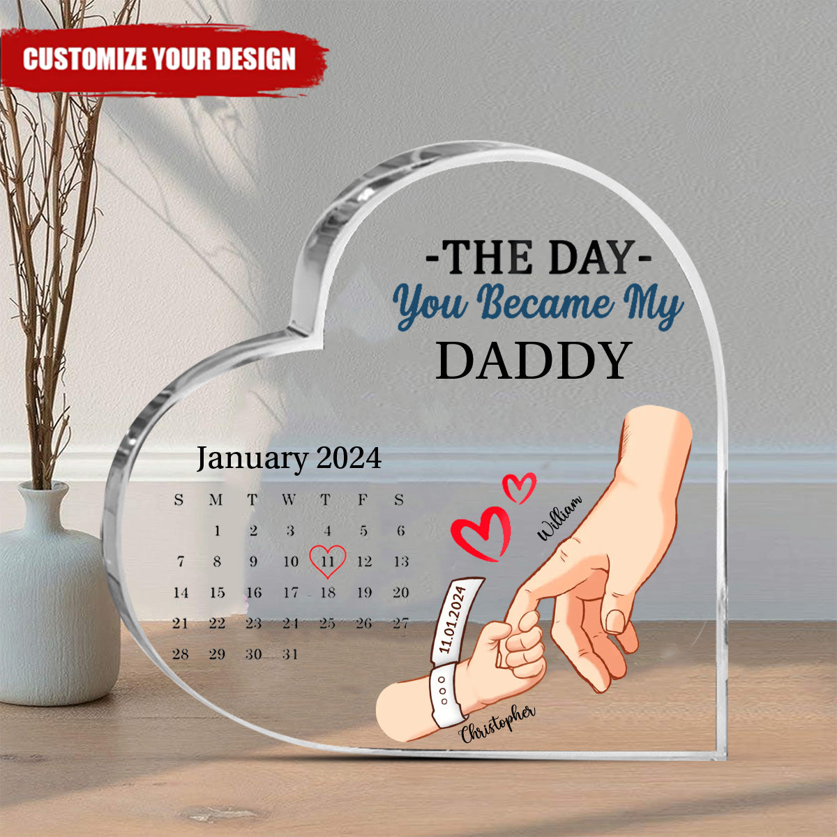 Calendar Mommy The Day You Became My Mommy - Gift For Mother - Personalized Heart Shaped Acrylic Plaque