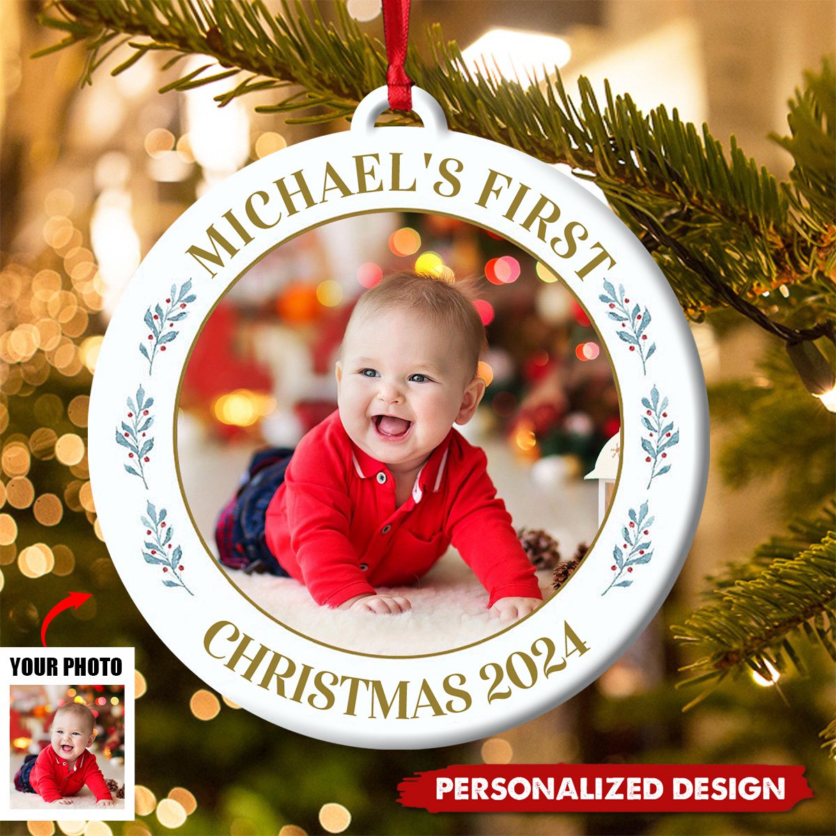Personalized Baby's First Christmas Photo Circle Ceramic Ornament