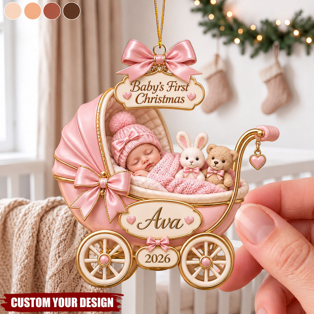 Baby Sleeping Inside An Carriage - Custom Baby’s First Christmas Ornament