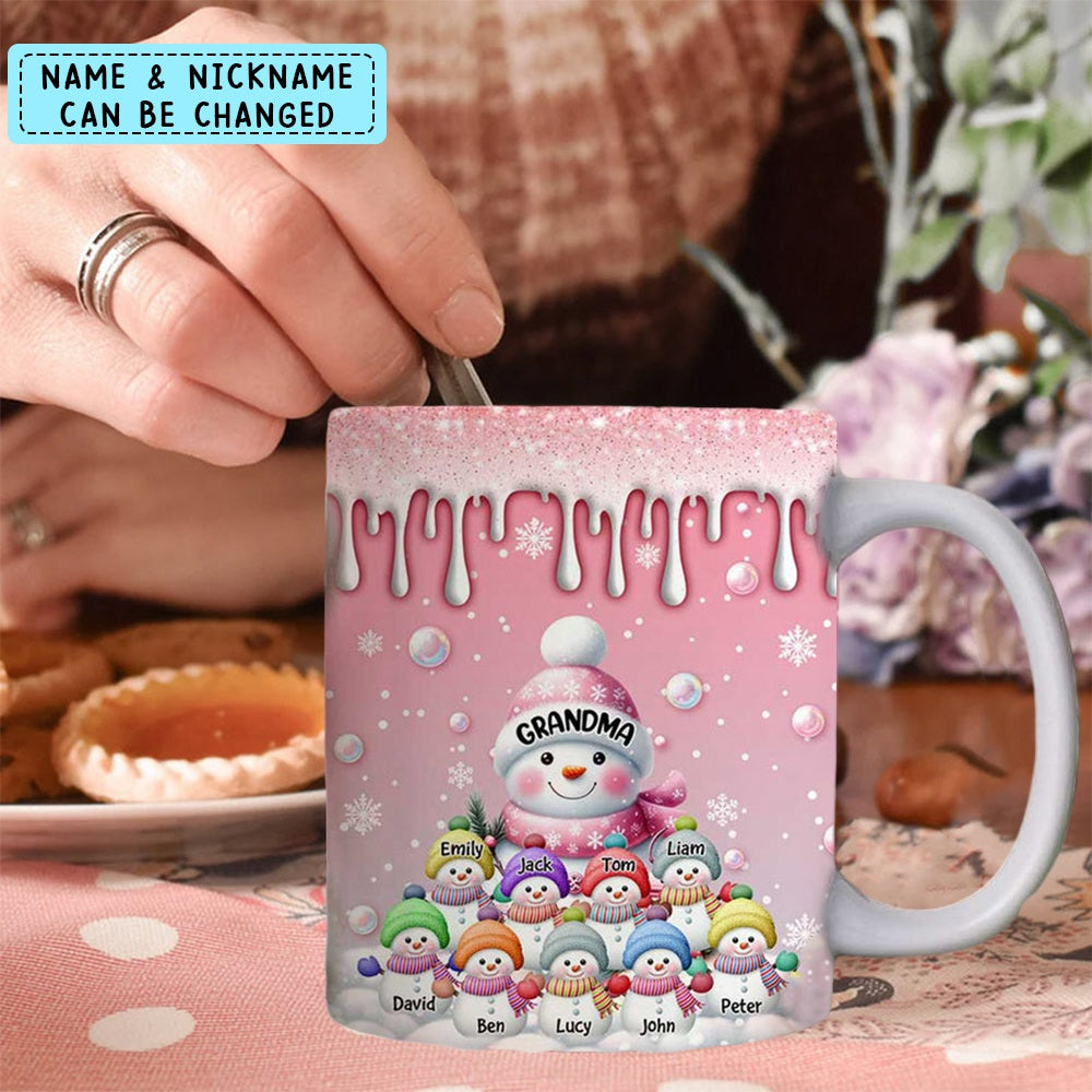 Sweet Cute Pinky Snowman Grandma Mom Kids Personalized Christmas Mug