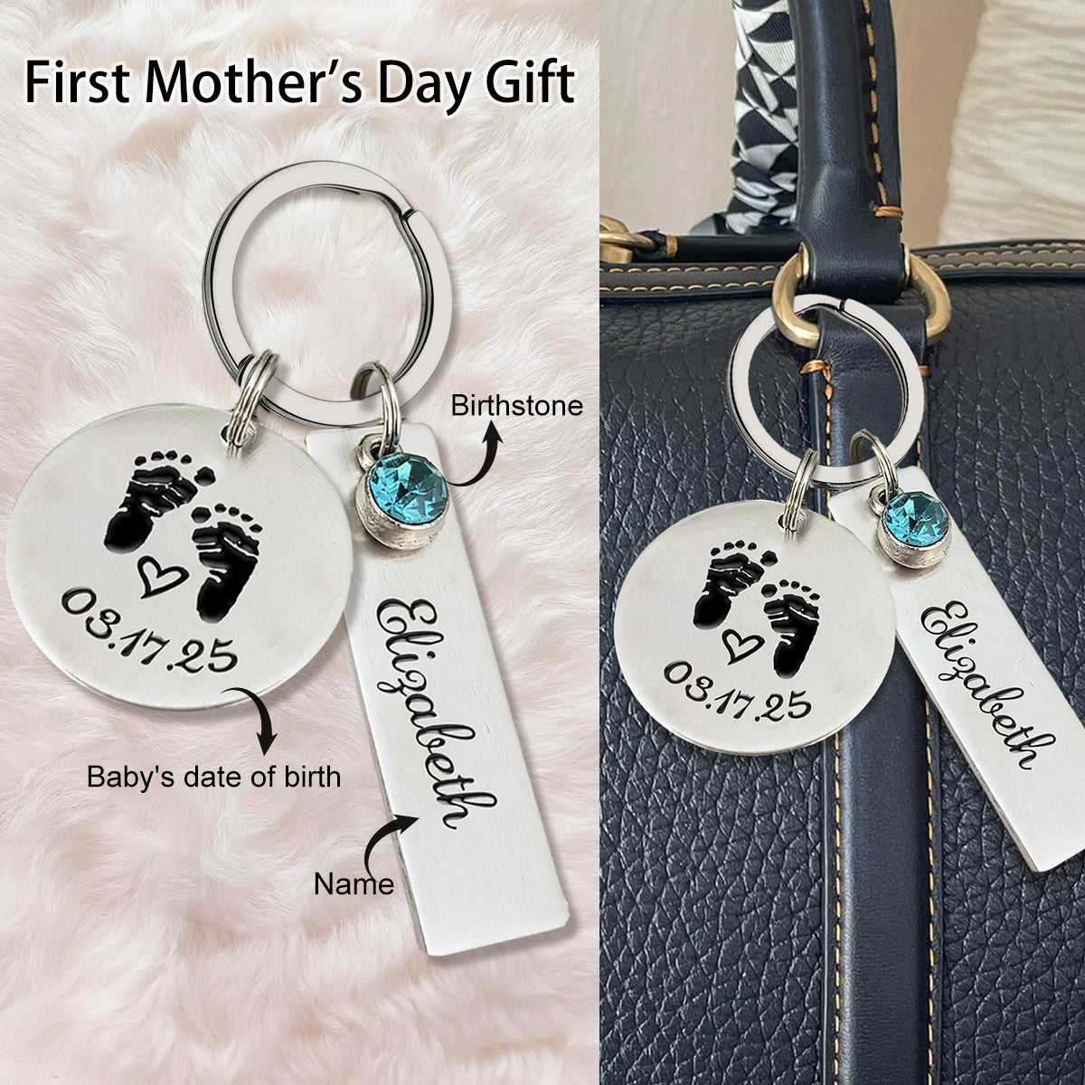 Personalized Baby Feet Birthstone Keychain,  Gift for New Mom