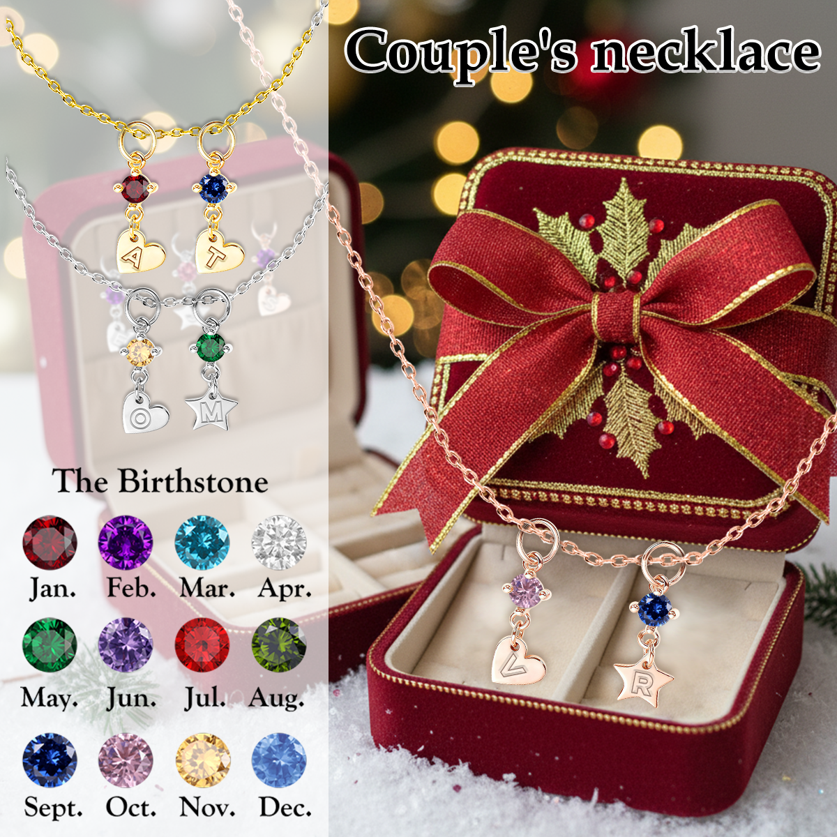 Personalized Custom Initial Heart Star Birthstone Necklace