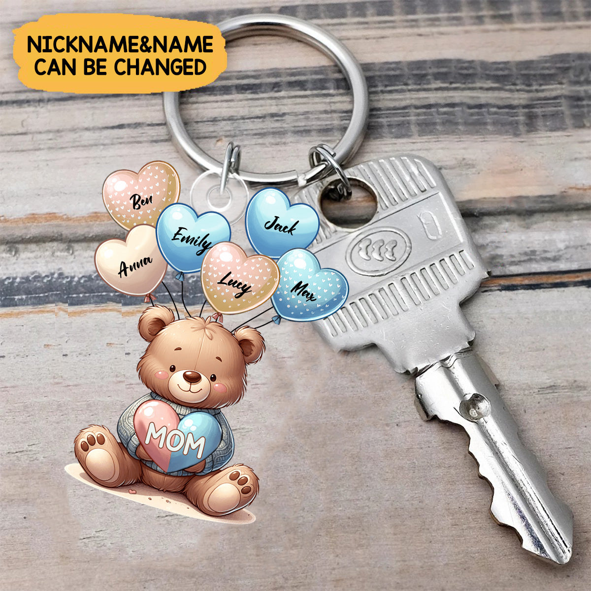 Cute Bear Grandma Mom Sweet Heart Balloon Kids Personalized Keychain