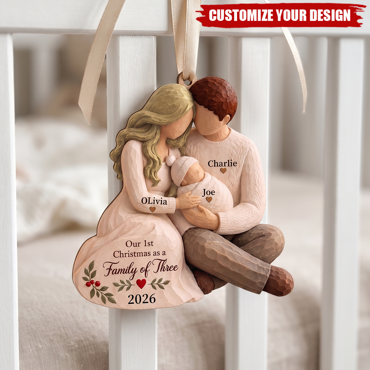 Personalized First Christmas Family of Three Wooden Ornament