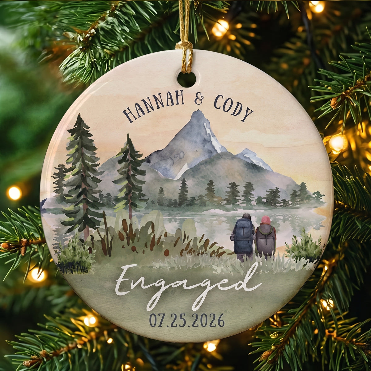 Personalized Mountain Engagement Ceramic Ornament