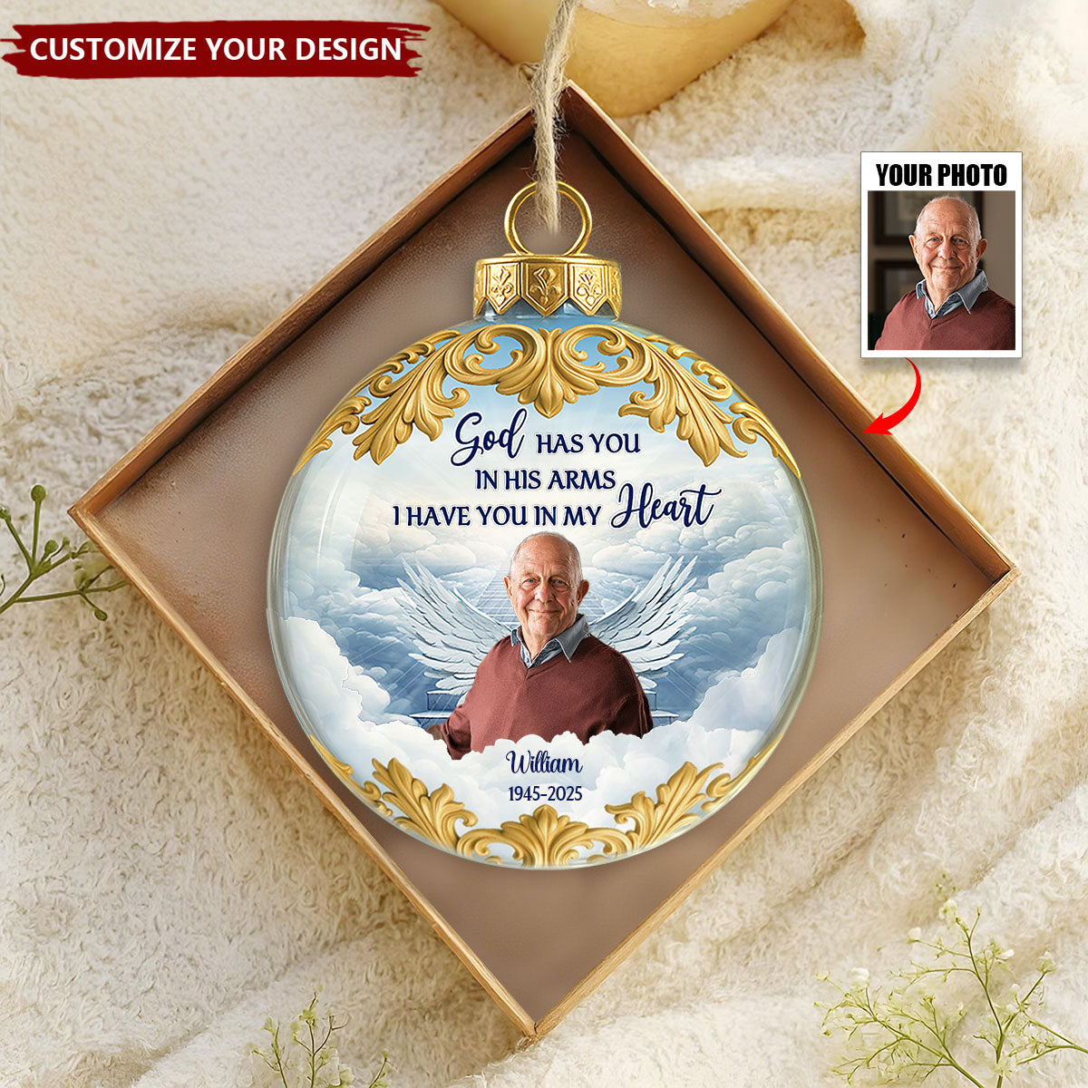 God Holds You in His Arms - Custom Photo Memorial Ornament