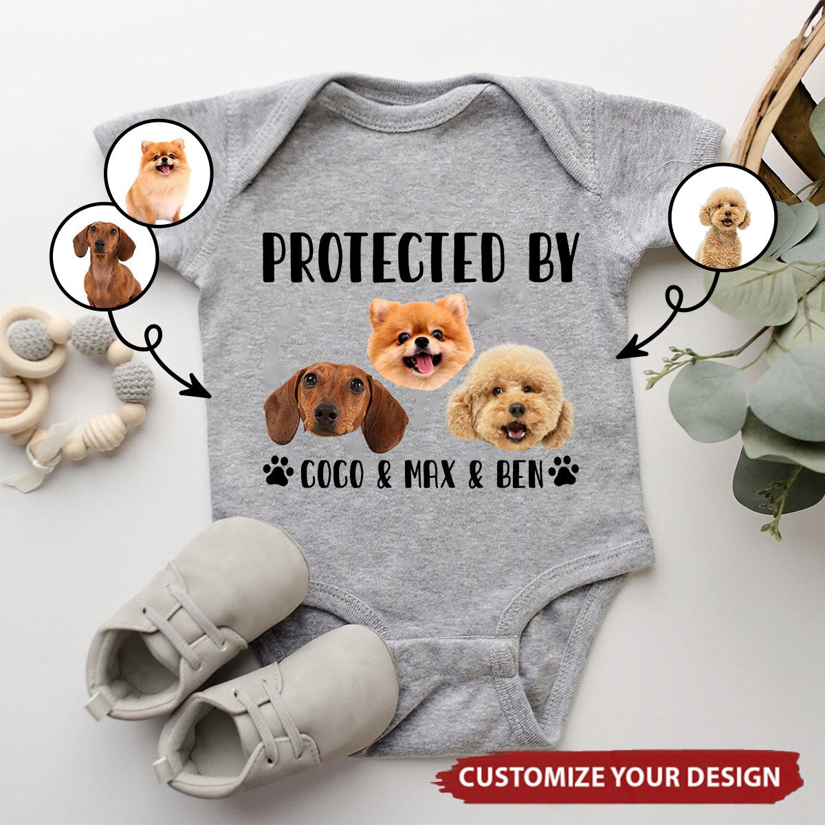 Protected By Dogs Personalized Baby Onesie, Baby Shower Gift