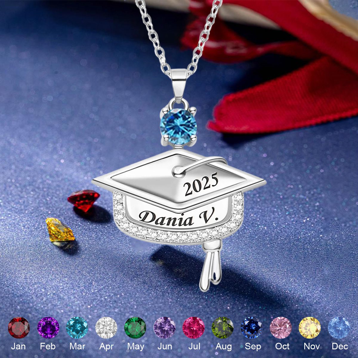 Personalized Graduation Cap Birthstone Necklace with Engraved Name and Year