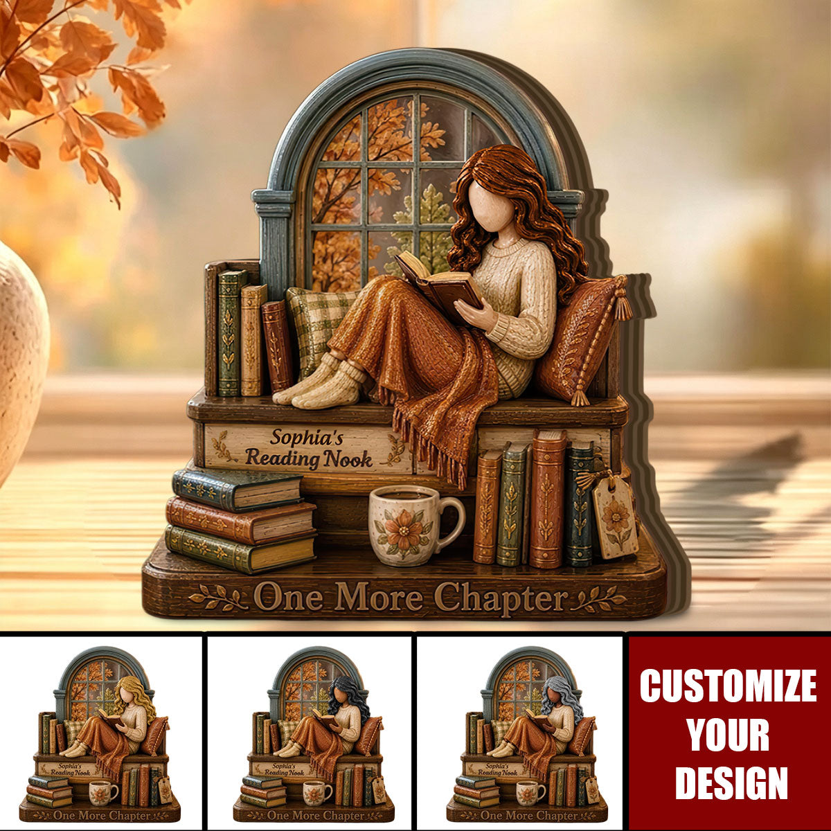 Personalized Book Lover Wooden Block, Custom Name Reading Girl Decor