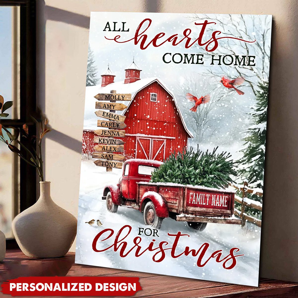 All Hearts Come Home For Christmas-Personalized Customized Farm Red Truck Poster