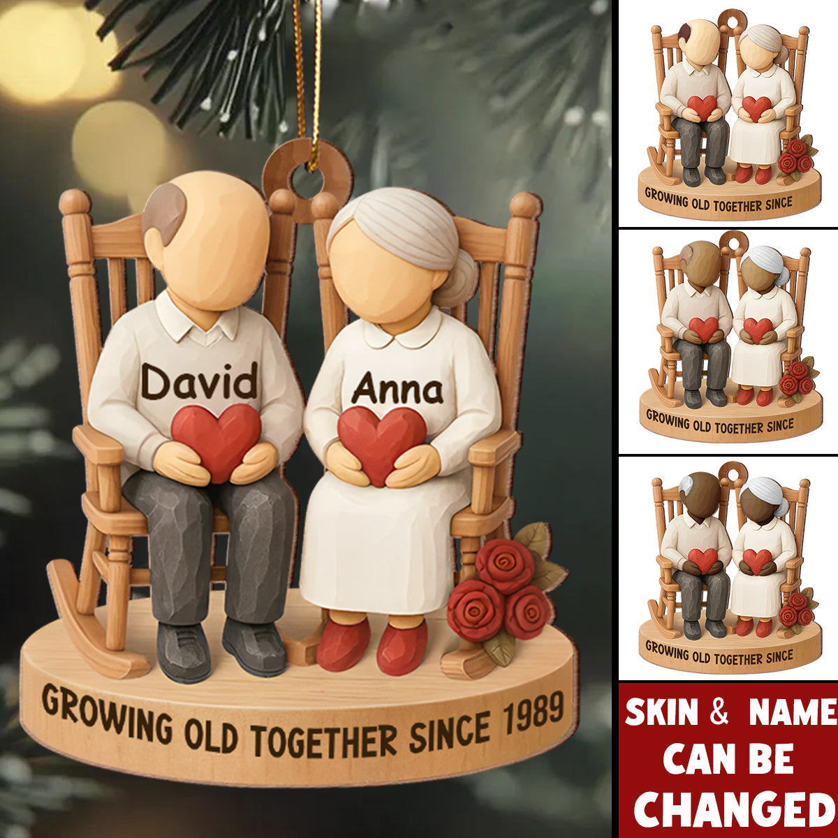 Old Couple Sitting On Chair-Personalized Wooden Ornament, Christmas Gift For Him Or Her