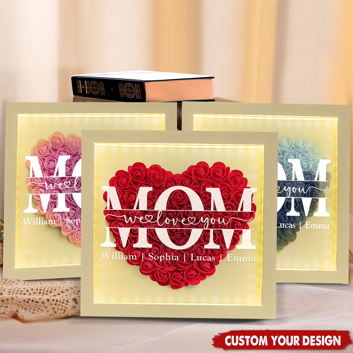We Love You Mom - Personalized Flower Shadow Box With LED Light
