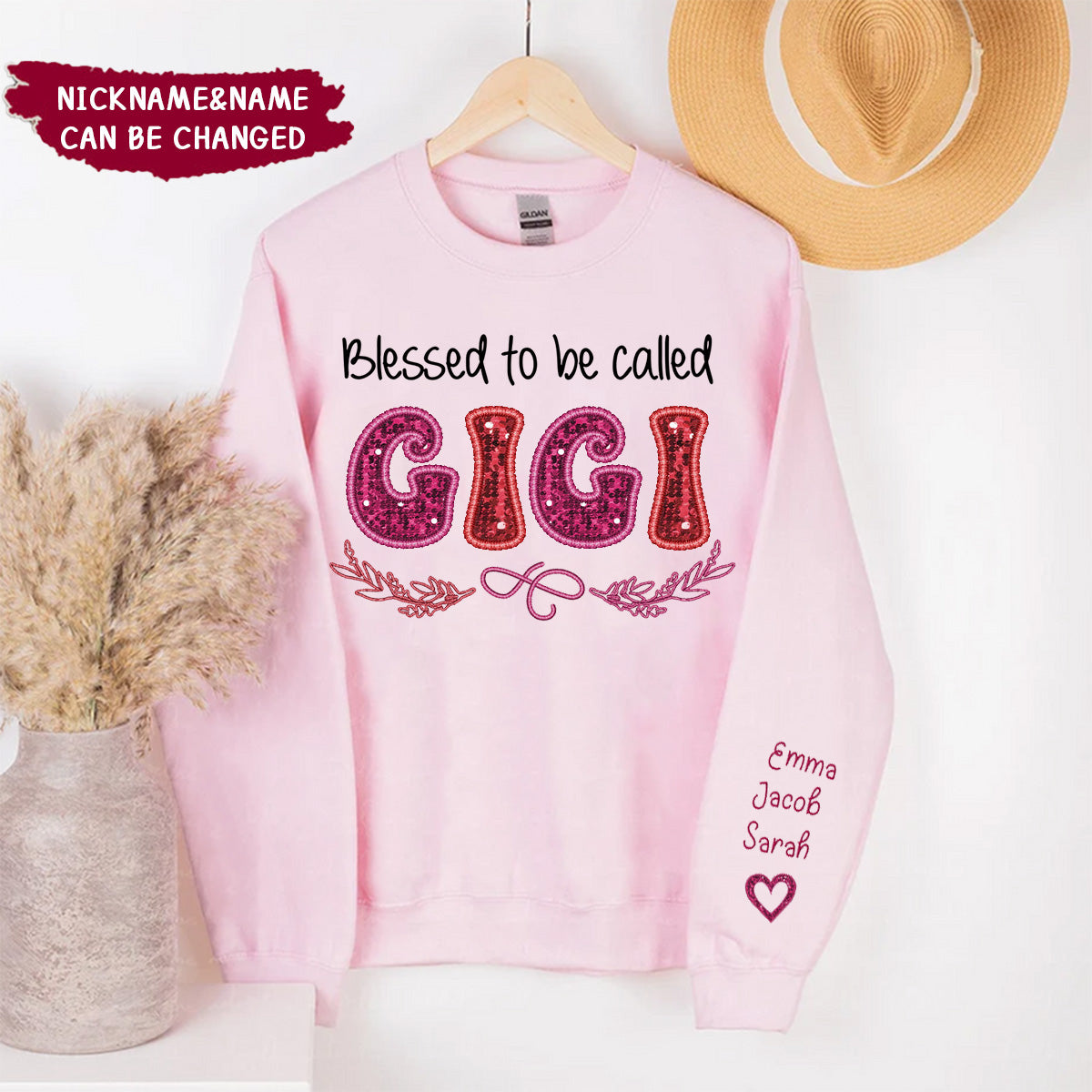 Pinky Glitter Grandma Mom, Blessed To Be Called Nana Personalized Sweatshirt