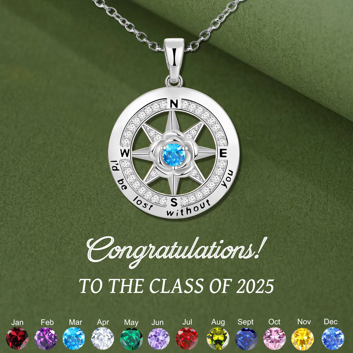 Personalized Compass Birthstone Necklace, Graduation Gift