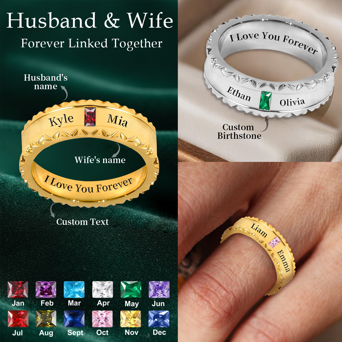 I Love You, Personalized Couple Birthstone Universal Ring