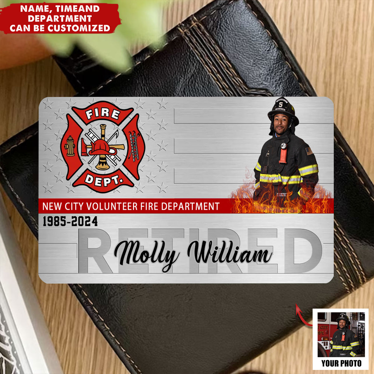 Upload Photo - Personalized Retired Firefighter Custom Name & Time Aluminum Wallet Card