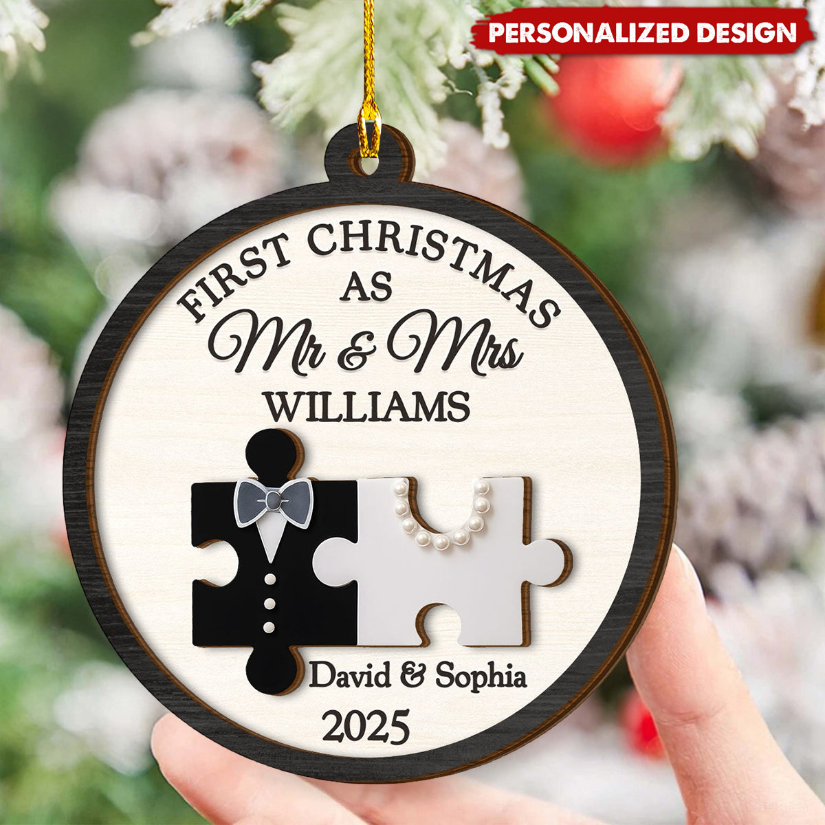First Christmas As Mr & Mrs Keepsake - Personalized 2-Layered Wooden Ornament
