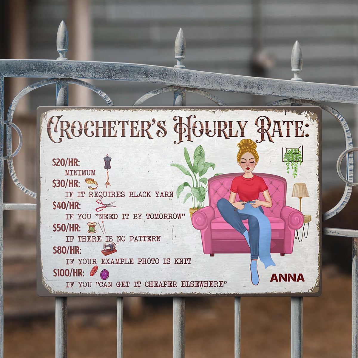 Personalized Crochet And Knitting Hourly Rate Metal Sign-Gift for Crochet & Knitting Lovers