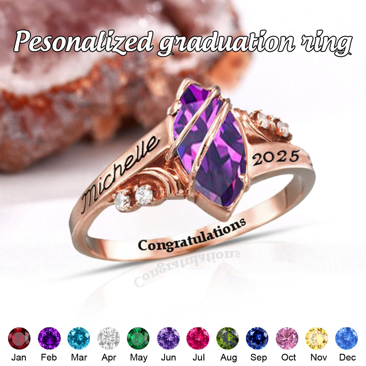 Personalized Graduation Birthstone Ring with Engraved Text Graduation Gift