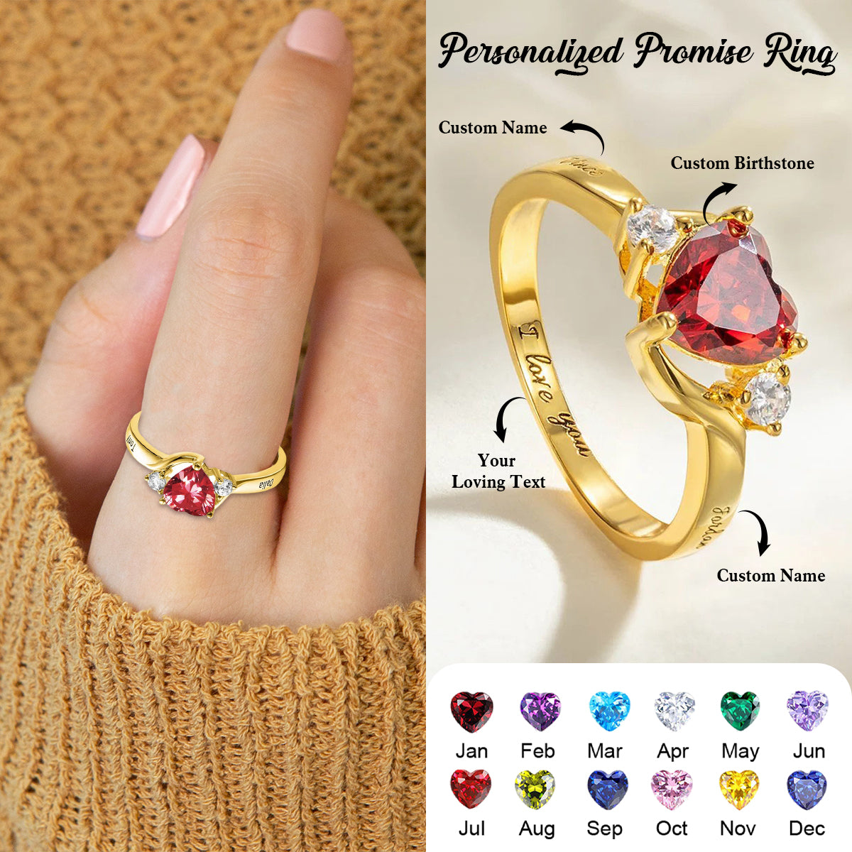 Personalized Heart Birthstone Promise Ring Gift for Her