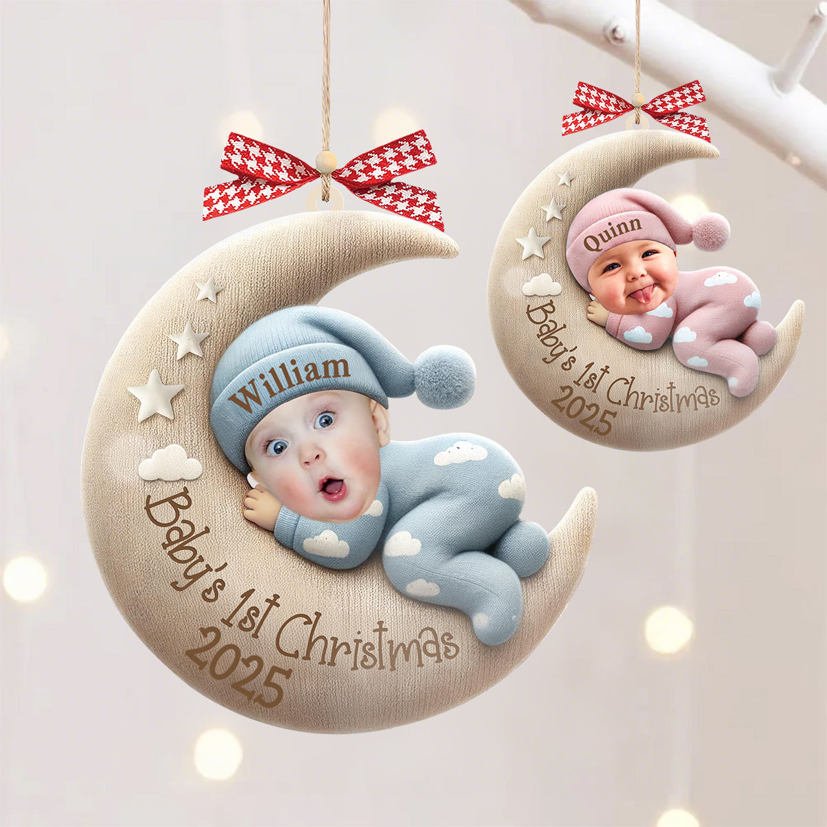 Custom Baby First Christmas Acrylic Ornament, Moon Sleeping Design