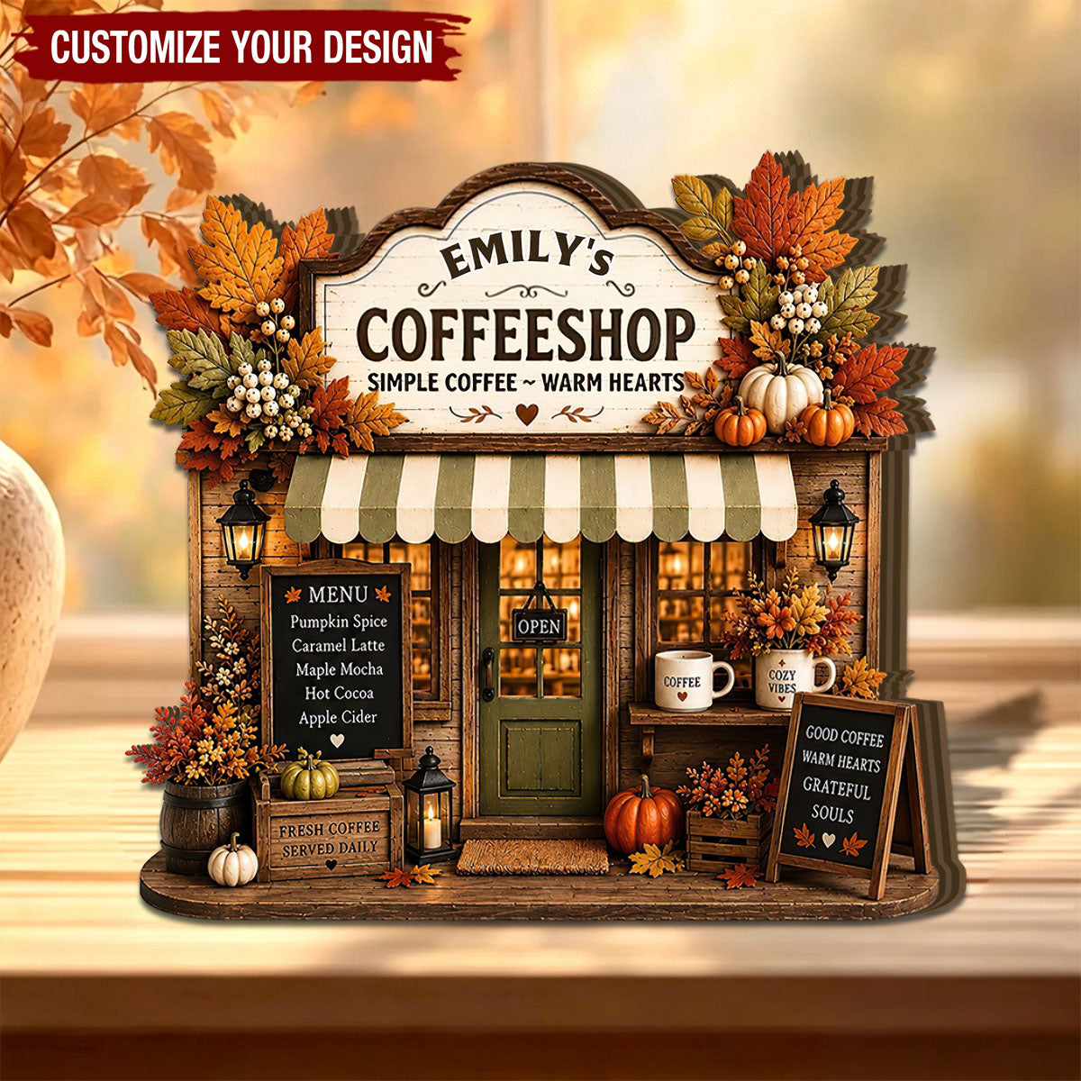 Personalized Autumn Coffee Shop Wooden Block, Fall Farmhouse Coffee Bar Decor