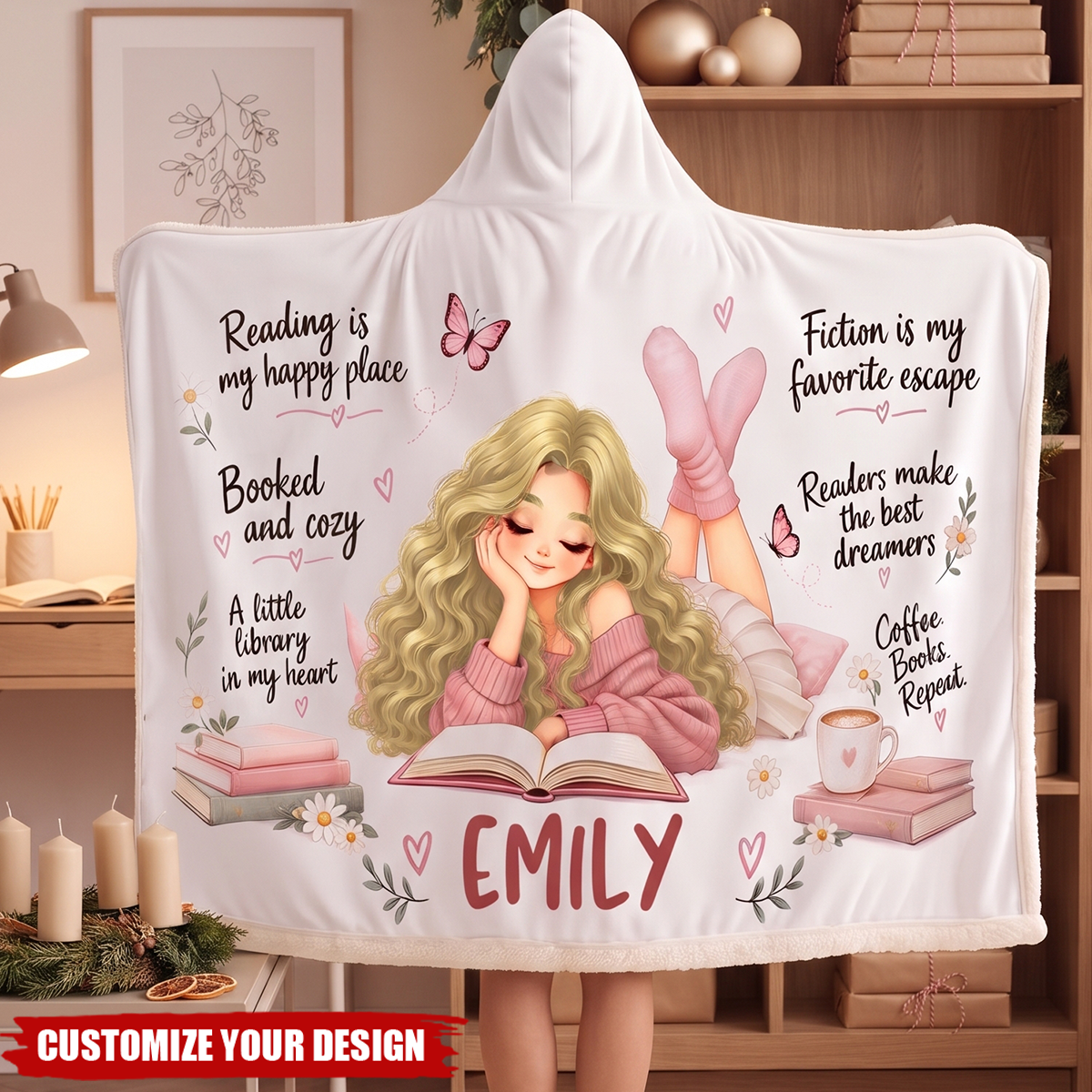 Custom Name Bookish Reader Gifts - Personalized Hooded Wearable Throw Blanket