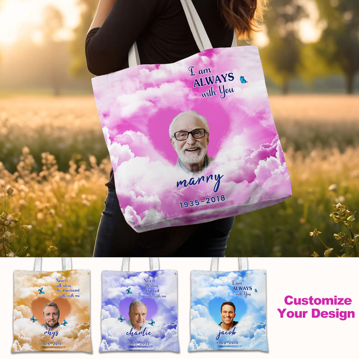Upload Image Heaven, Never Walk Alone My Mom Dad Walks With Me Personalized Memorial Tote Bag