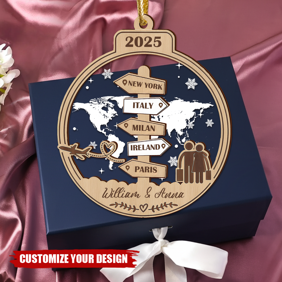 Personalized Wooden Travel Destination Ornament, Christmas Keepsake