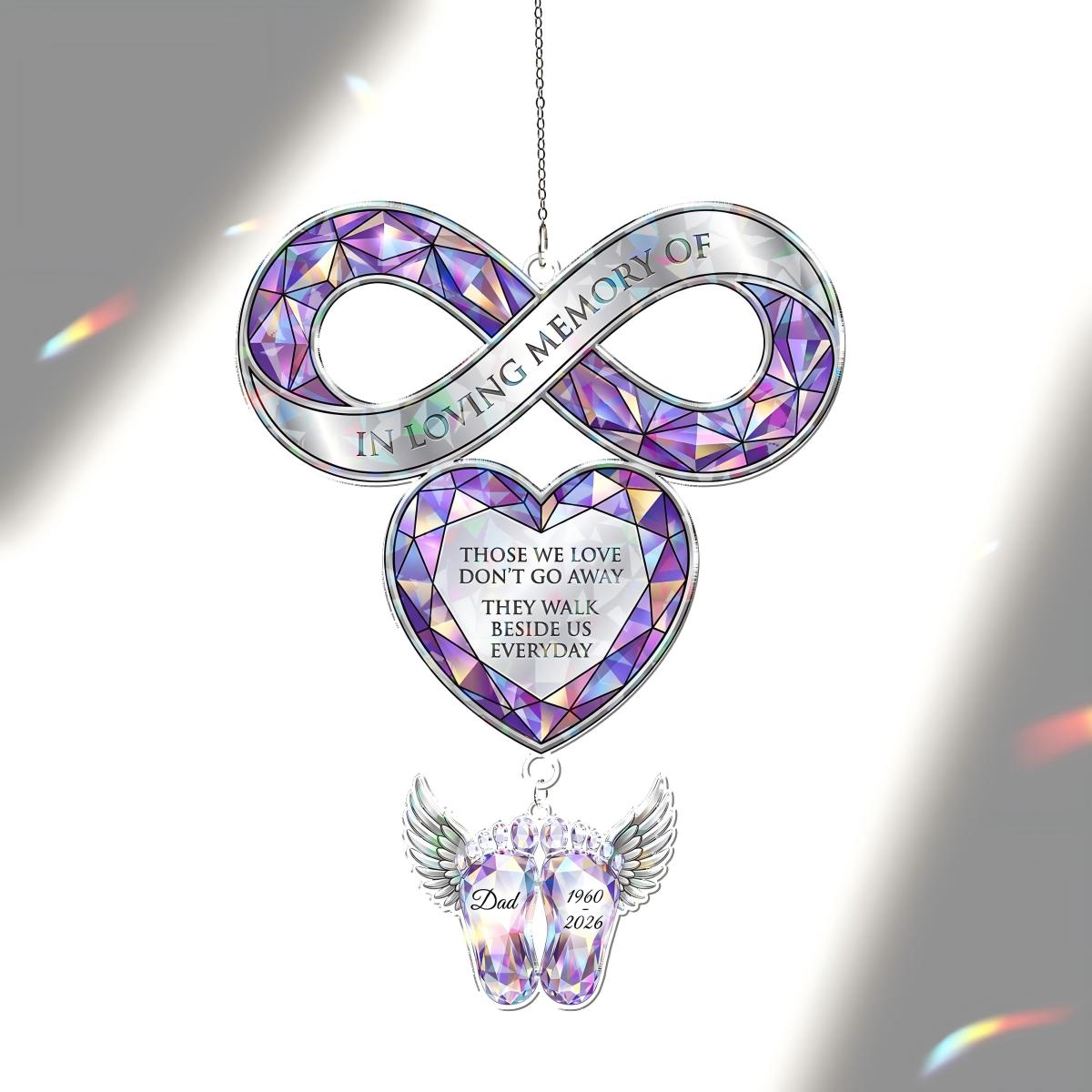 Custom Memorial Window Hanging, Infinity Heart Acrylic Suncatcher With Winged Charm