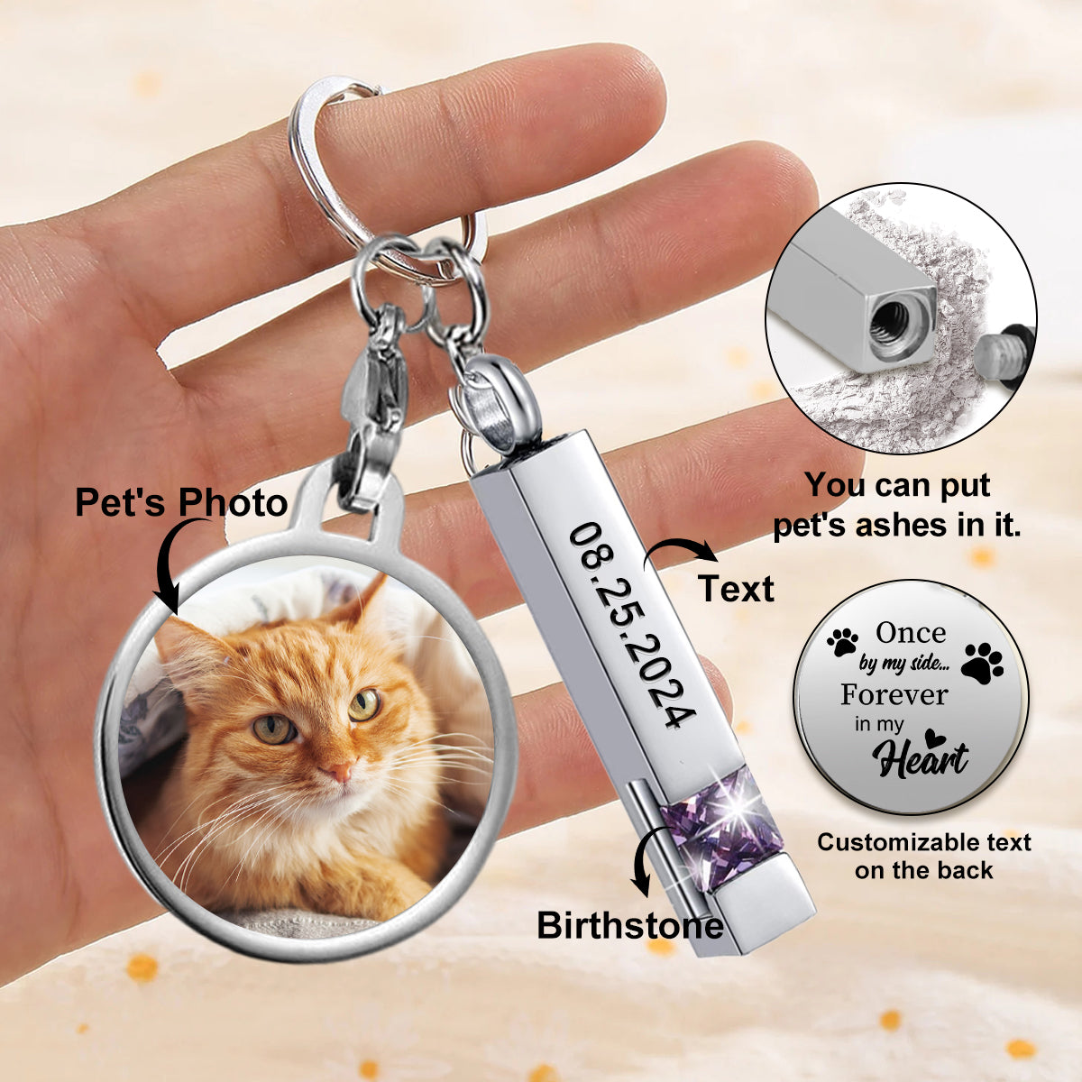 Forever In My Heart - Personalized Memorial Birthstone Photo Urn Keychain