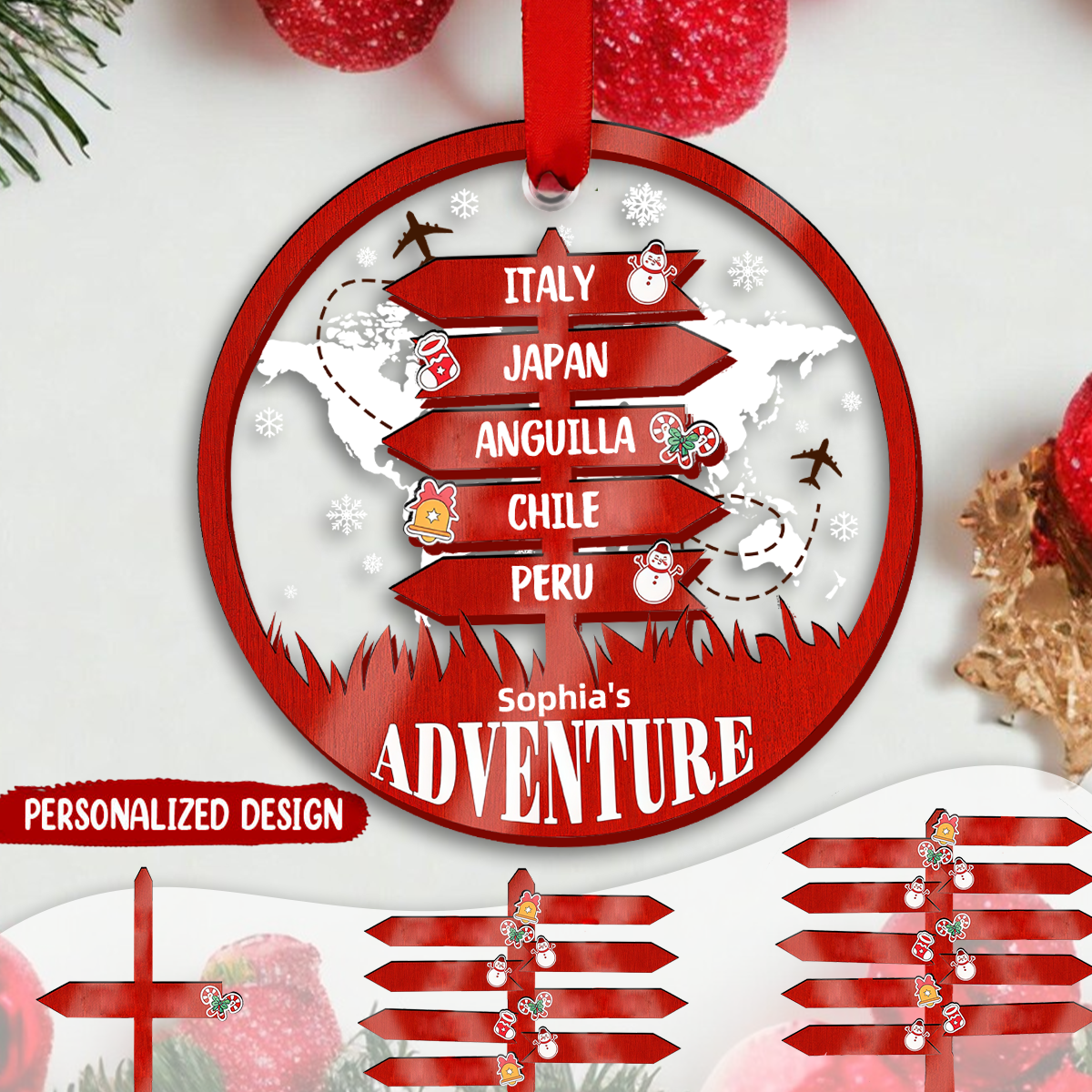 Personalized Travel Adventure 2 Layered Wooden Ornament