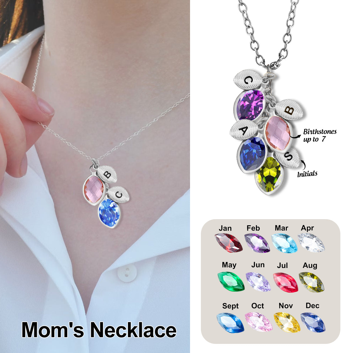 Personalized Grandma Mom 1-7 Family Birthstones Necklace Engraved letter