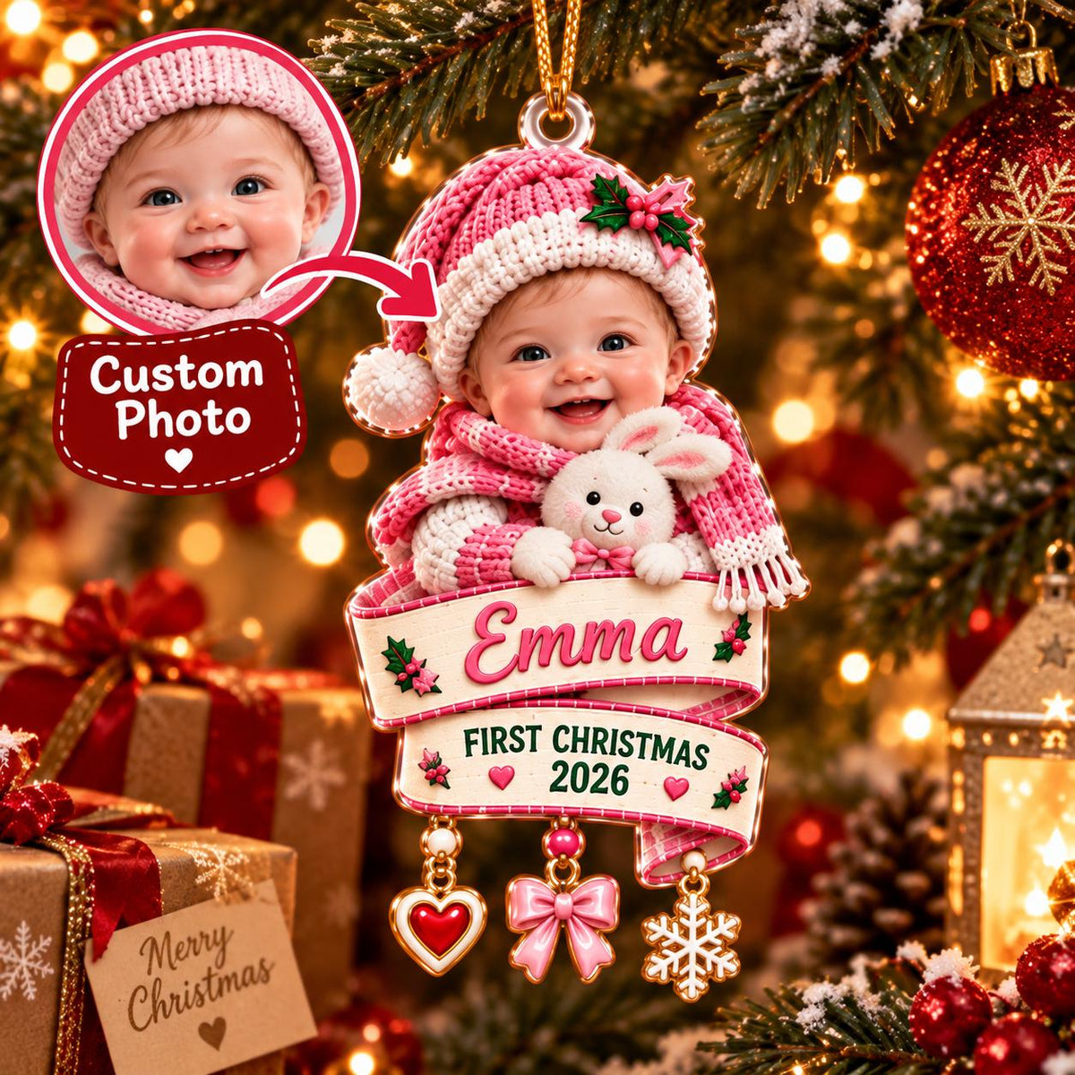Custom Photo Baby First Christmas Ornament, Newborn Keepsake Gift