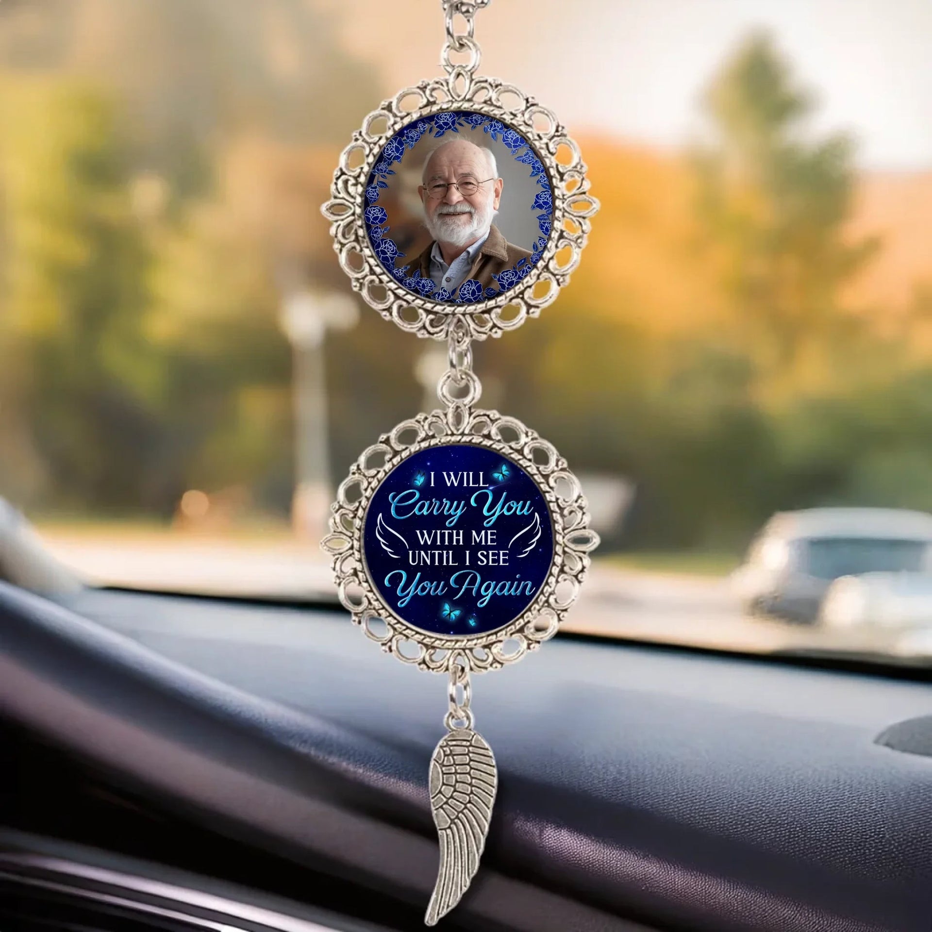 Custom Photo In My Heart, We Never Say Goodbye - Memorial Personalized Custom Metal Car Hanging Ornament With Charm