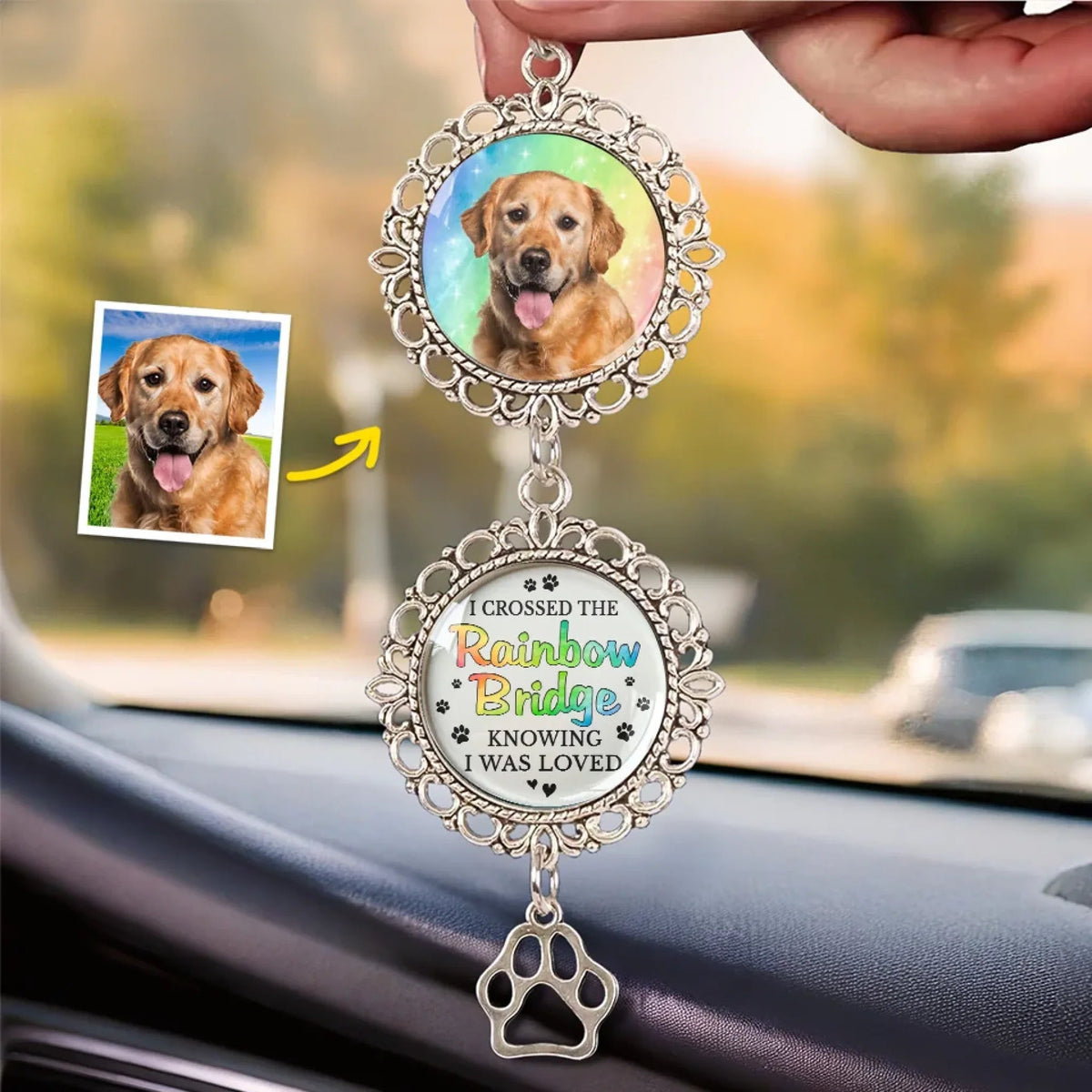 Custom Photo A Piece Of My Heart Is At The Rainbow Bridge - Memorial Personalized Car Hanging Ornament