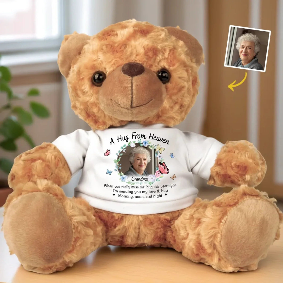 Custom Photo Sending Hugs From Above - Memorial Personalized Custom Bear Plush - Sympathy Gift For Family Members