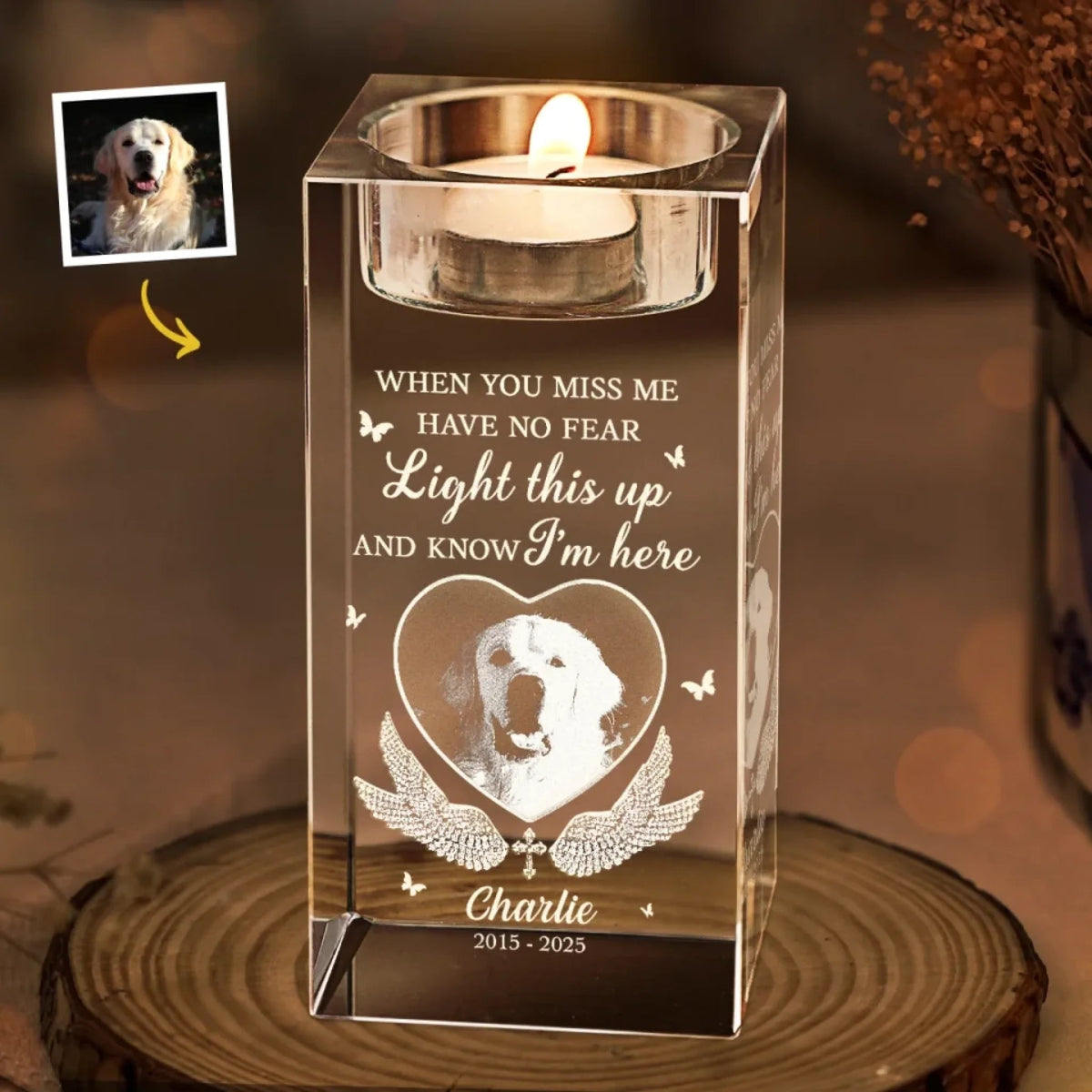 Custom Photo Love Never Leaves, It Lights Up Forever - Memorial Personalized Custom Crystal Candle Holder
