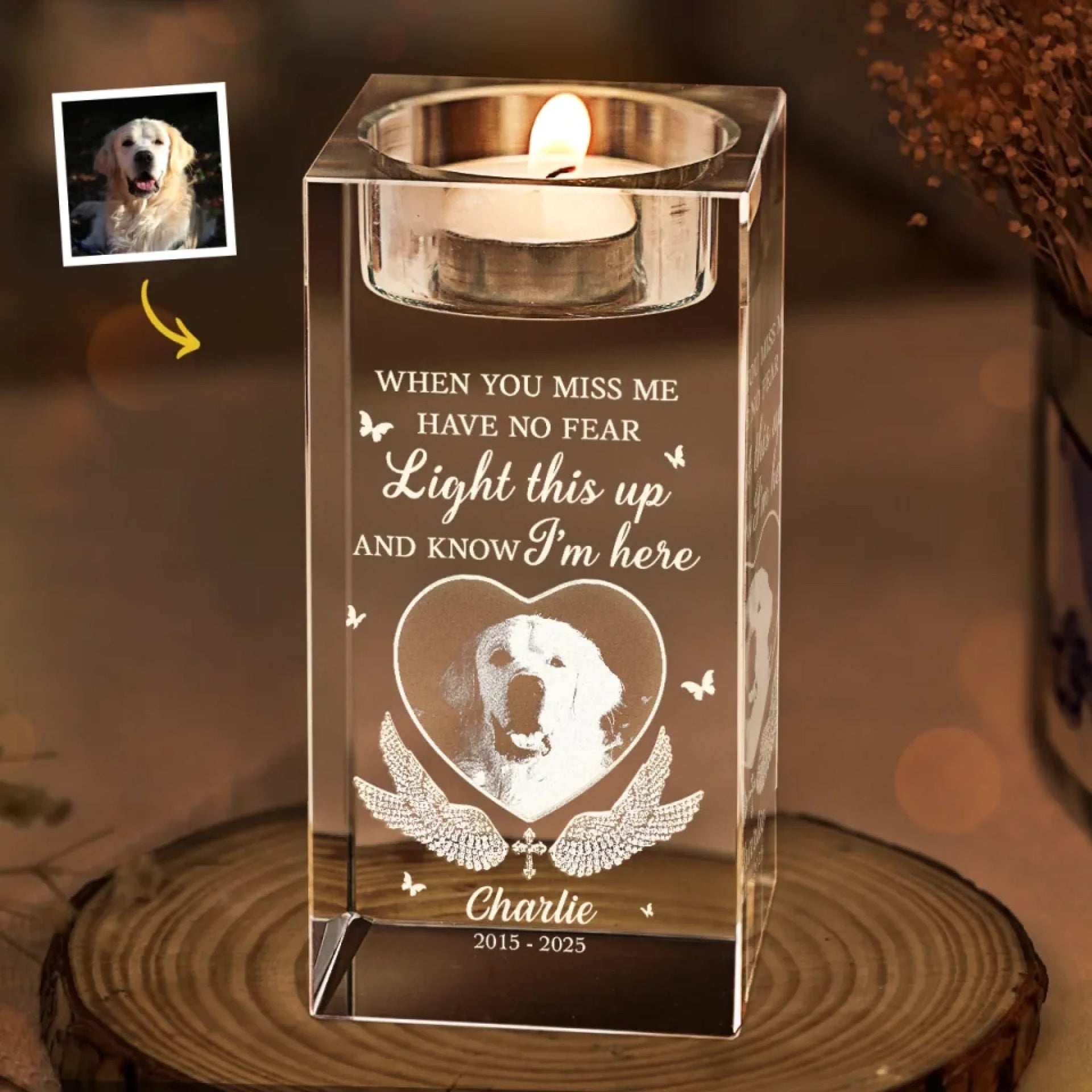 Custom Photo Love Never Leaves, It Lights Up Forever - Memorial Personalized Custom Crystal Candle Holder